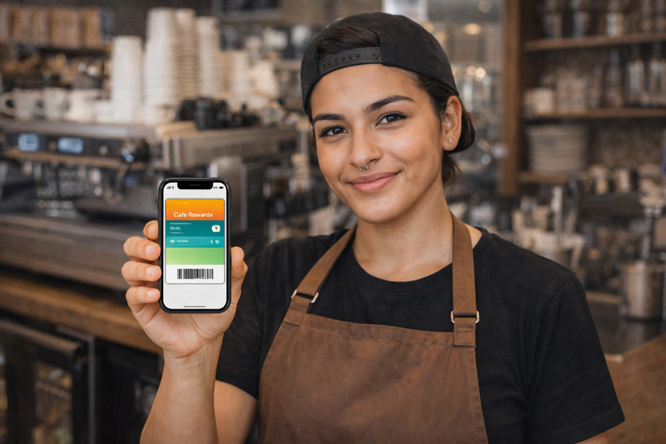 Barista showing an Apple Wallet loyalty card for a coffee shop