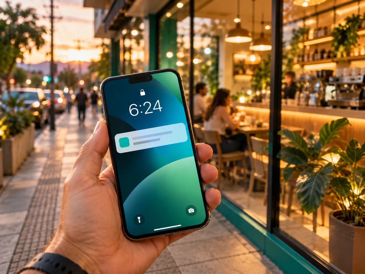 Persona pasando frente a una cafetería mientras el iPhone muestra el aviso por cercanía de su tarjeta de fidelidad