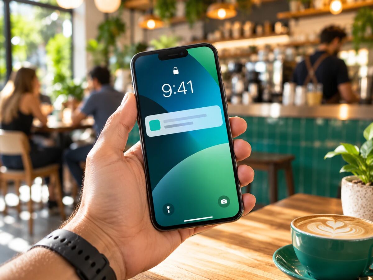 Cliente en una cafetería recibiendo un mensaje push de ClubWallet en la pantalla de bloqueo del iPhone