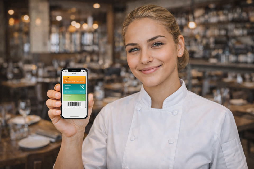 Restaurant staff member showing an Apple Wallet loyalty card