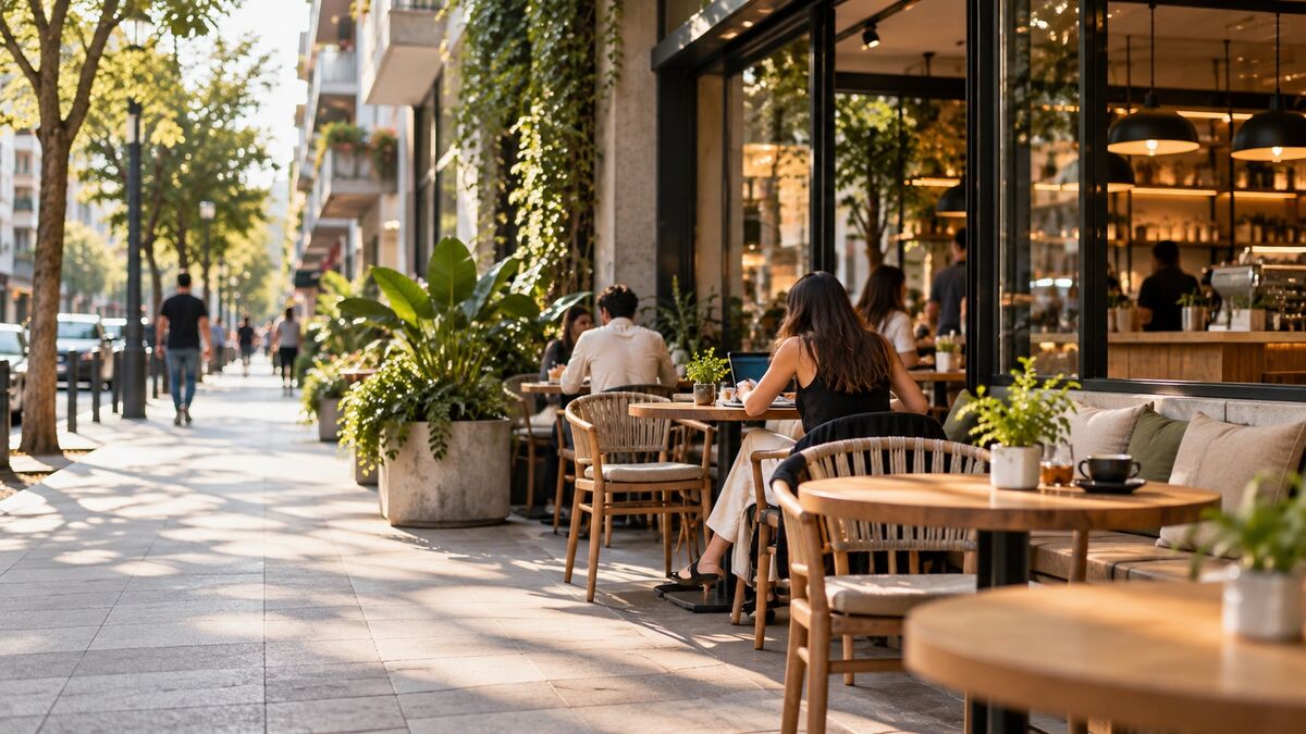 Cafetería pequeña con clientes en el mostrador