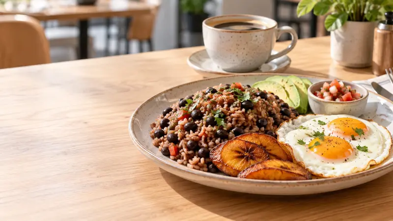 Plato de gallo pinto con huevo y plátano junto a un café