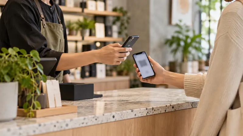 Empleado escaneando el teléfono de un cliente en el mostrador