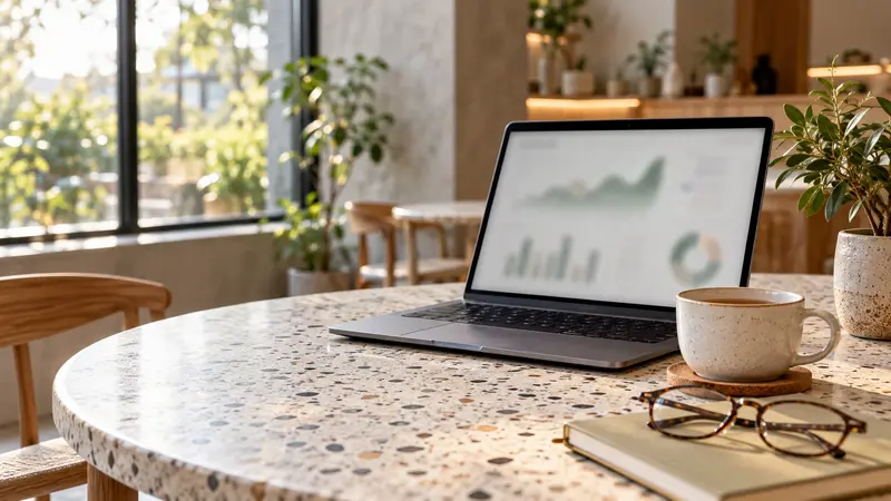 Portátil con gráficas, té y lentes sobre una mesa