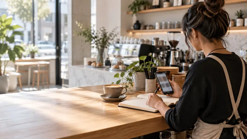 Encargada de una cafetería revisando el teléfono en la barra