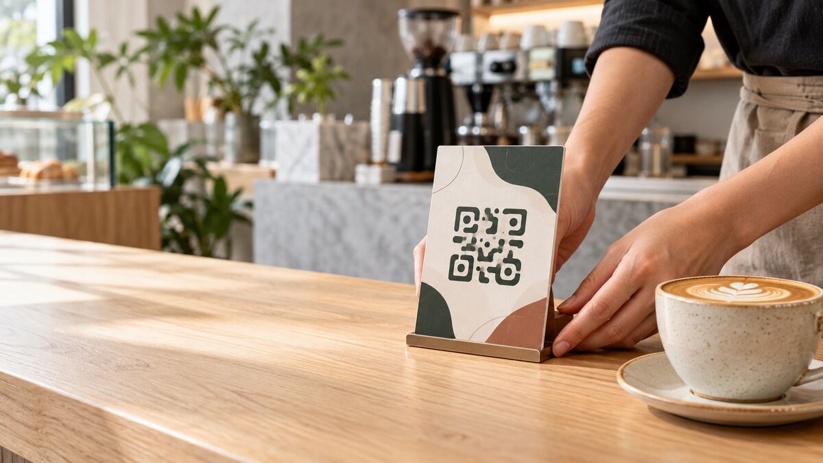 QR code stand next to a coffee on the counter