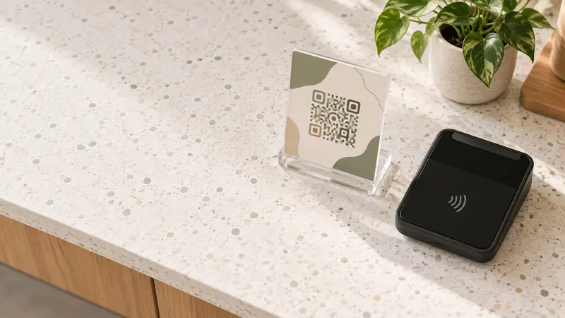 Mostrador con soporte de código QR, datáfono y una planta