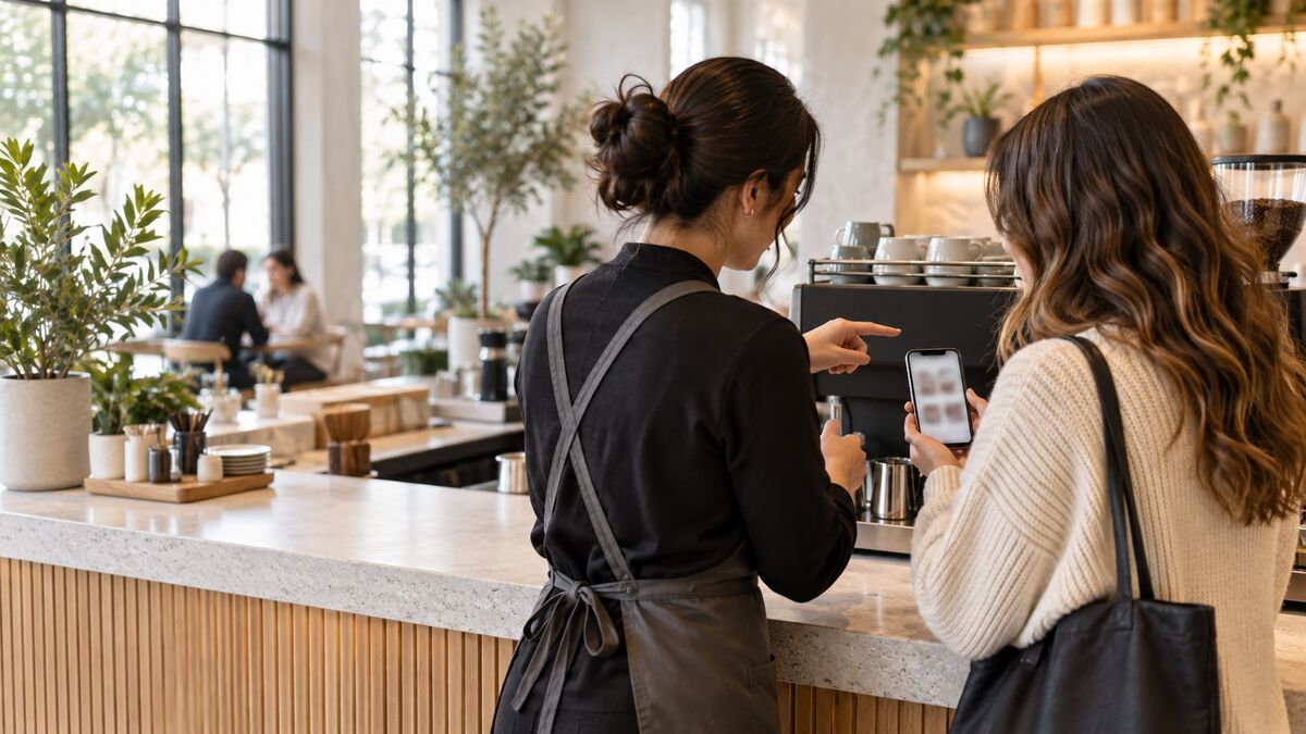 Barista explicando la tarjeta a un cliente con el teléfono en la mano