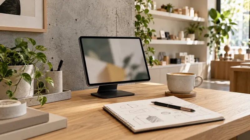 Espacio de trabajo en una tienda con tableta, café y libreta