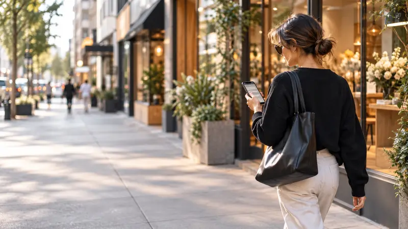 Woman walking down the street looking at her phone