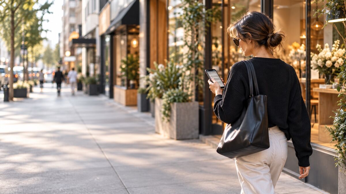 Mujer caminando por la calle mirando su teléfono