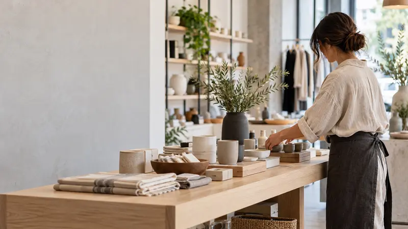 Shop owner arranging products on the counter