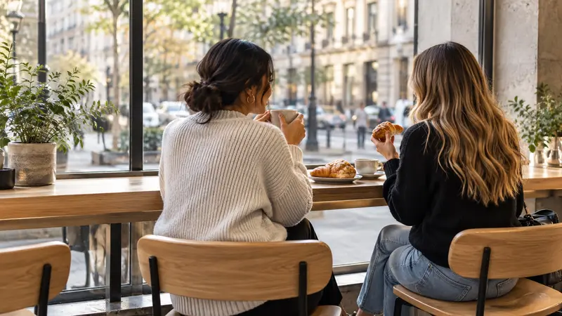 Dos amigas compartiendo repostería en la barra de una cafetería