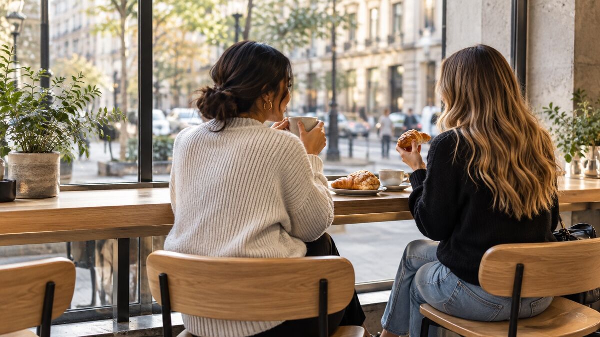 Dos amigas compartiendo repostería en la barra de una cafetería