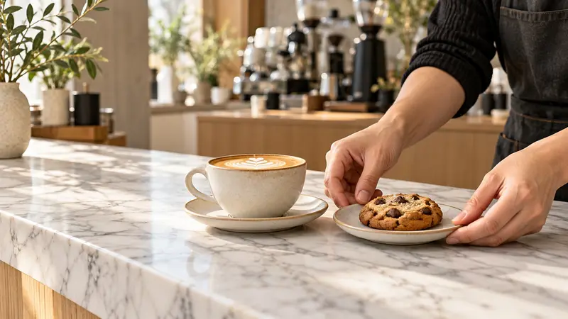 Barista regalando una galleta junto a un café
