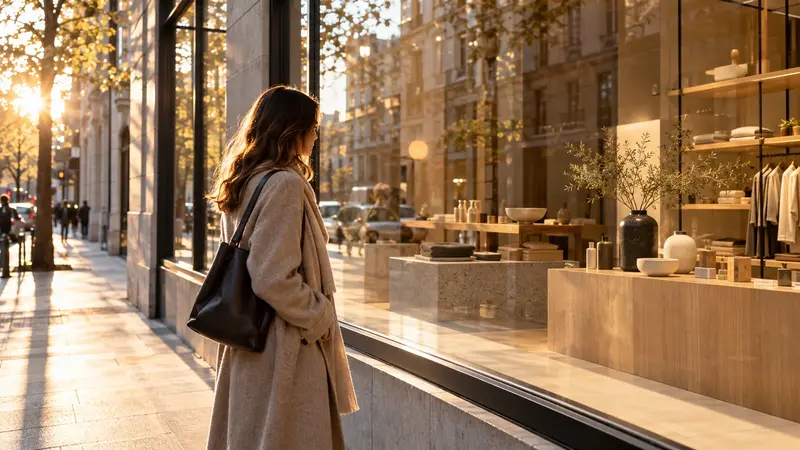 Persona mirando el escaparate de una boutique al atardecer