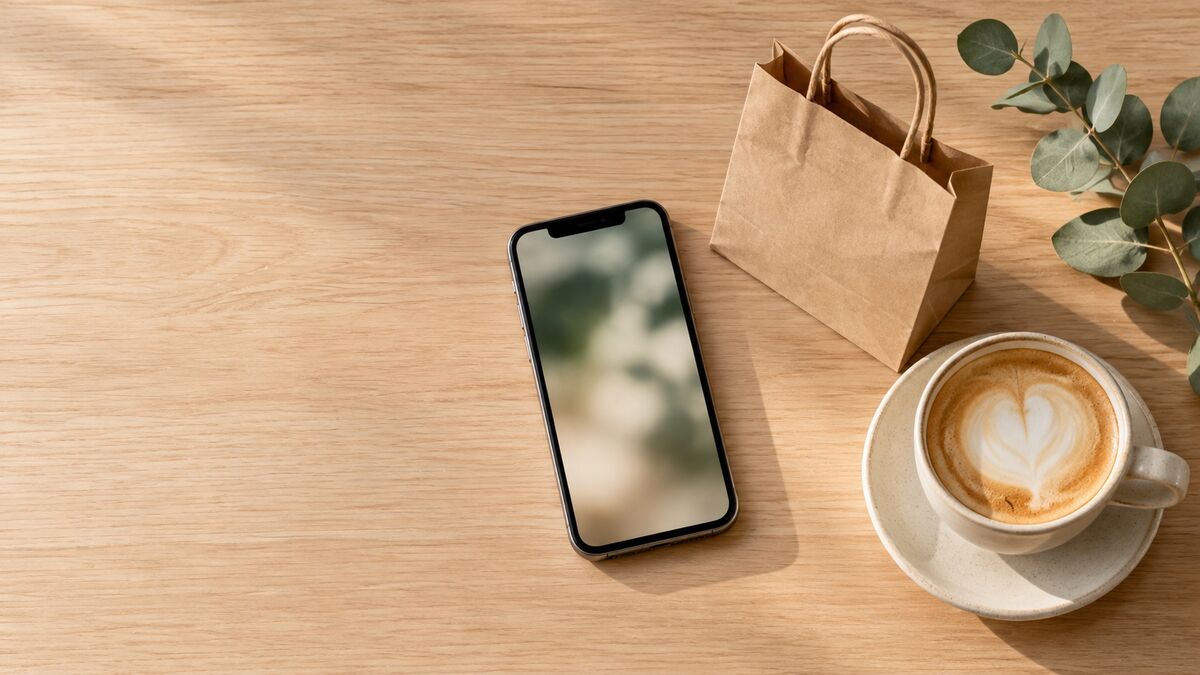 Teléfono, bolsa de papel y café sobre una mesa de madera