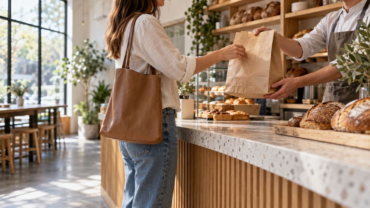 Panadero entregando una bolsa a un cliente