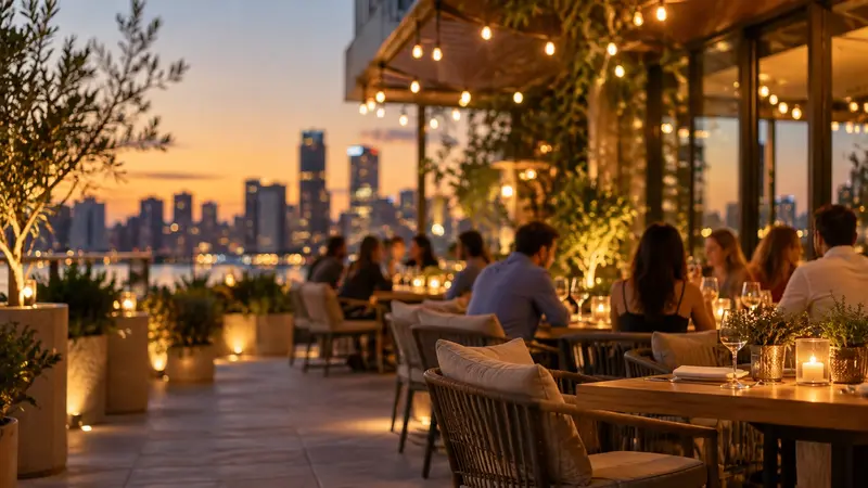 Terraza de un restaurante con luces por la noche