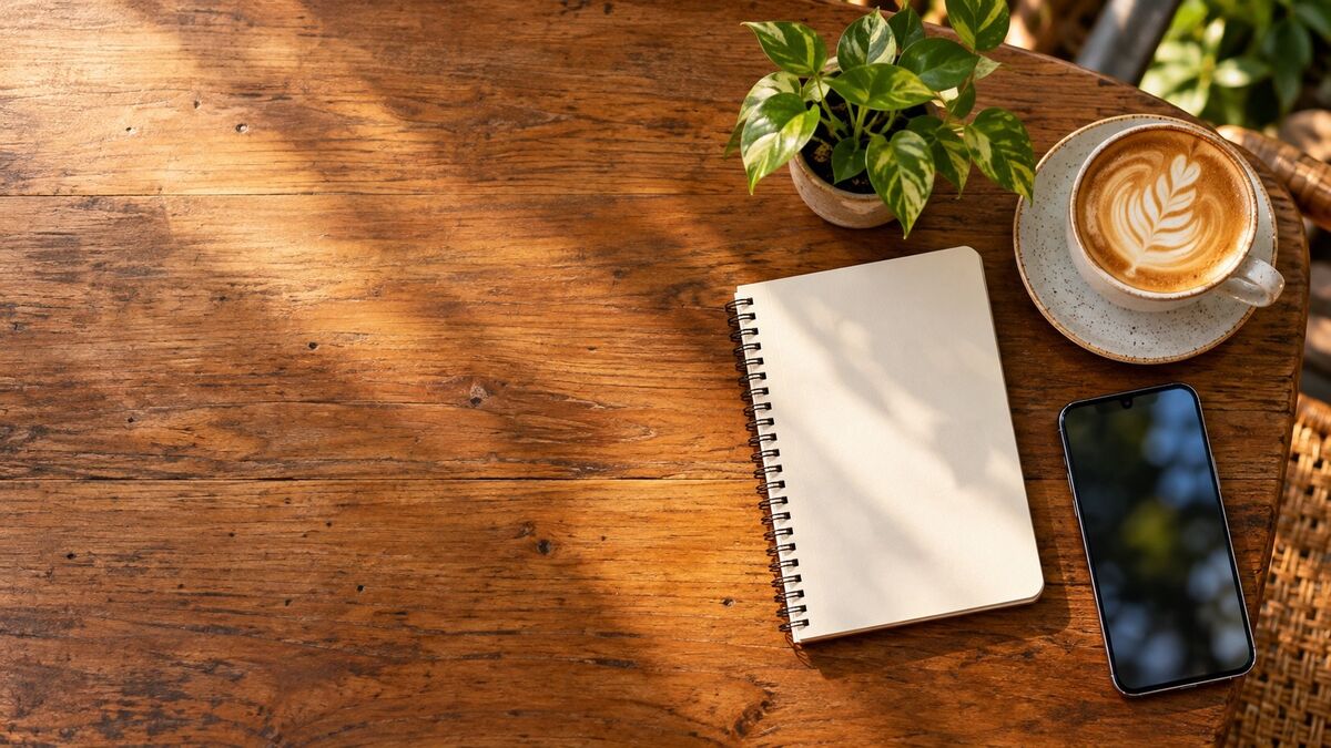 Mesa de café con libreta y teléfono
