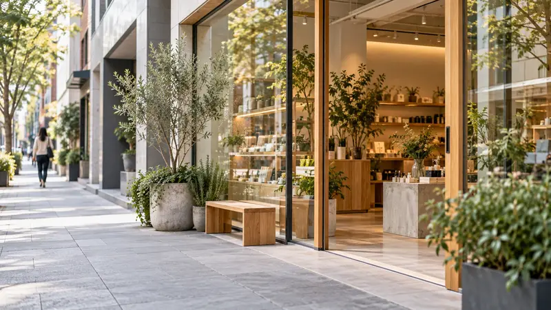 Neighborhood shop front with plants on the sidewalk