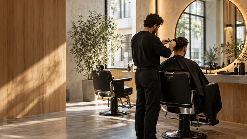 Barbero cortando el cabello a un cliente en una barbería moderna
