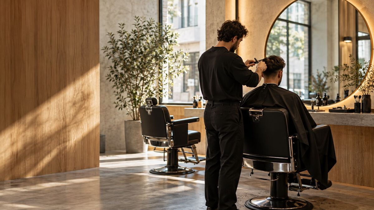 Barbero cortando el cabello a un cliente en una barbería moderna