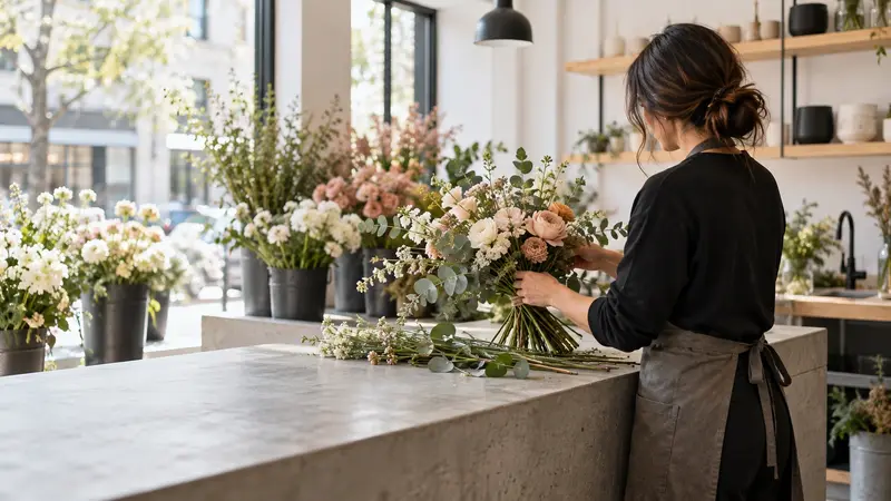 Florista armando un ramo en su tienda