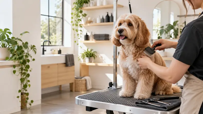 Peluquería canina con un perro sobre la mesa de baño