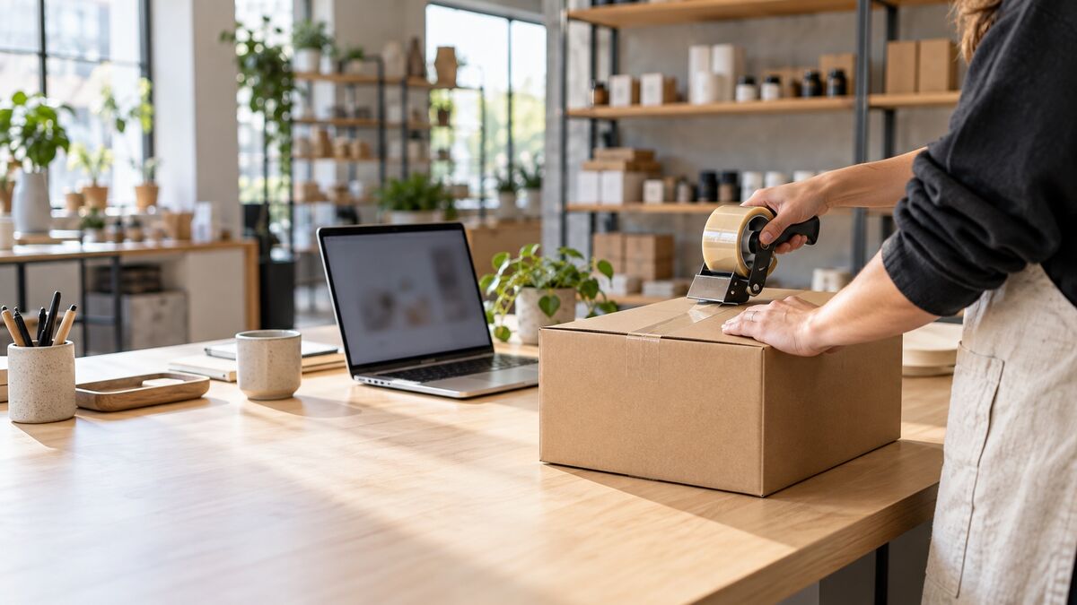 Comerciante empacando un pedido en línea junto a su portátil