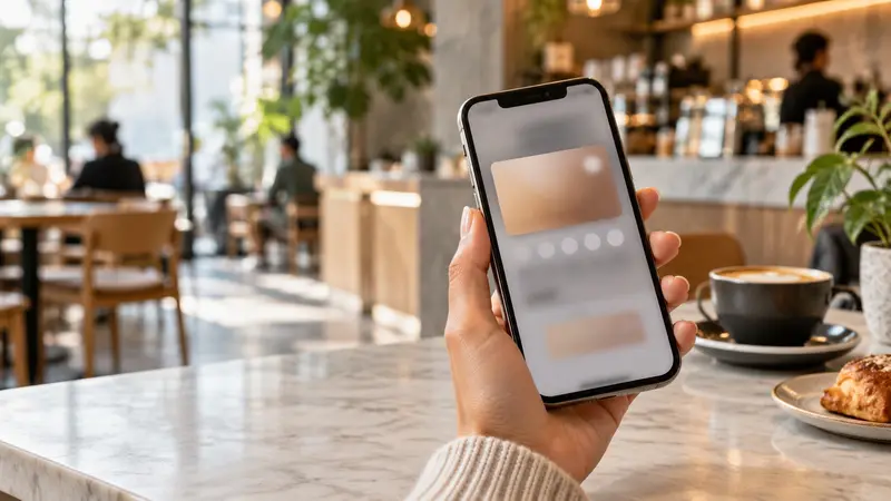 Hand holding a phone with a digital card in a coffee shop
