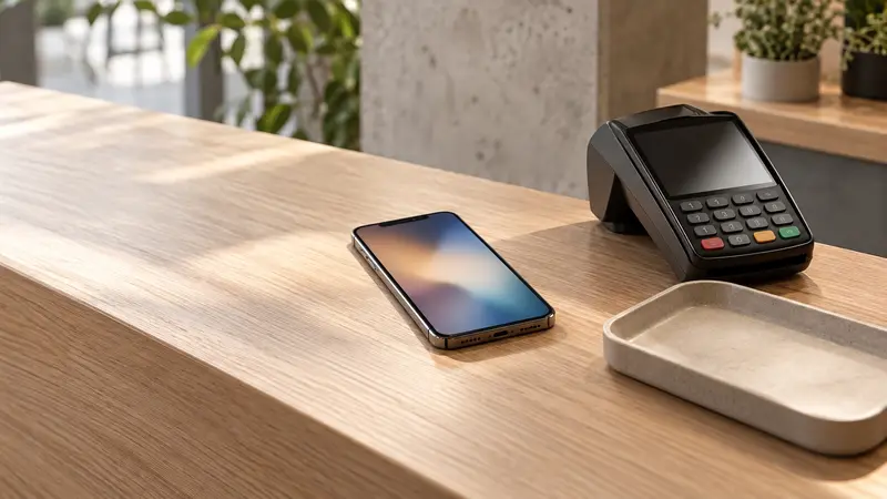 Teléfono junto a un datáfono sobre un mostrador de madera