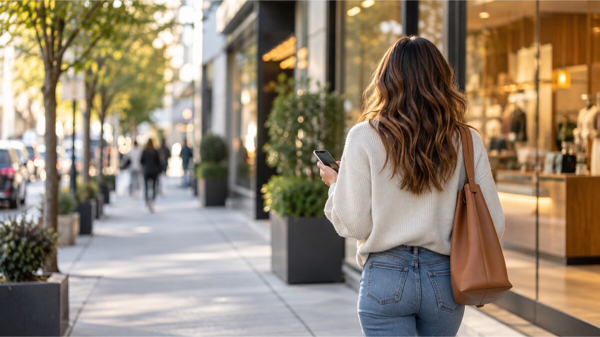 Persona caminando por la ciudad con el teléfono en la mano