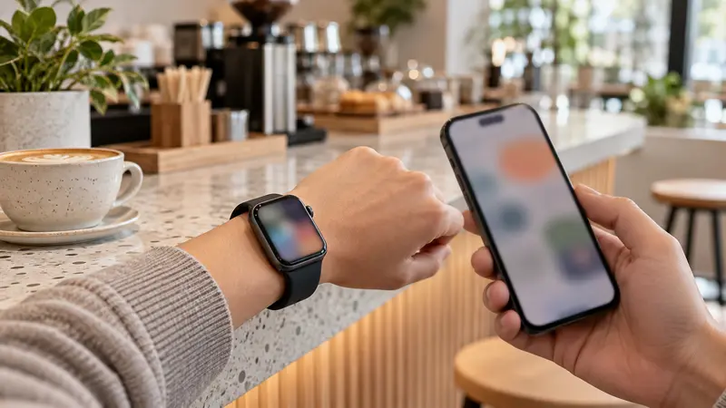 Reloj inteligente y teléfono en el mostrador de una cafetería