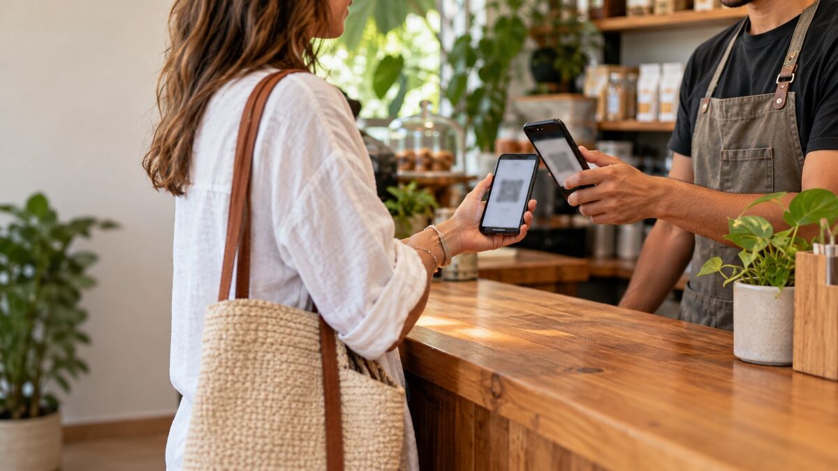Empleado escaneando la tarjeta de fidelidad en el teléfono de una clienta