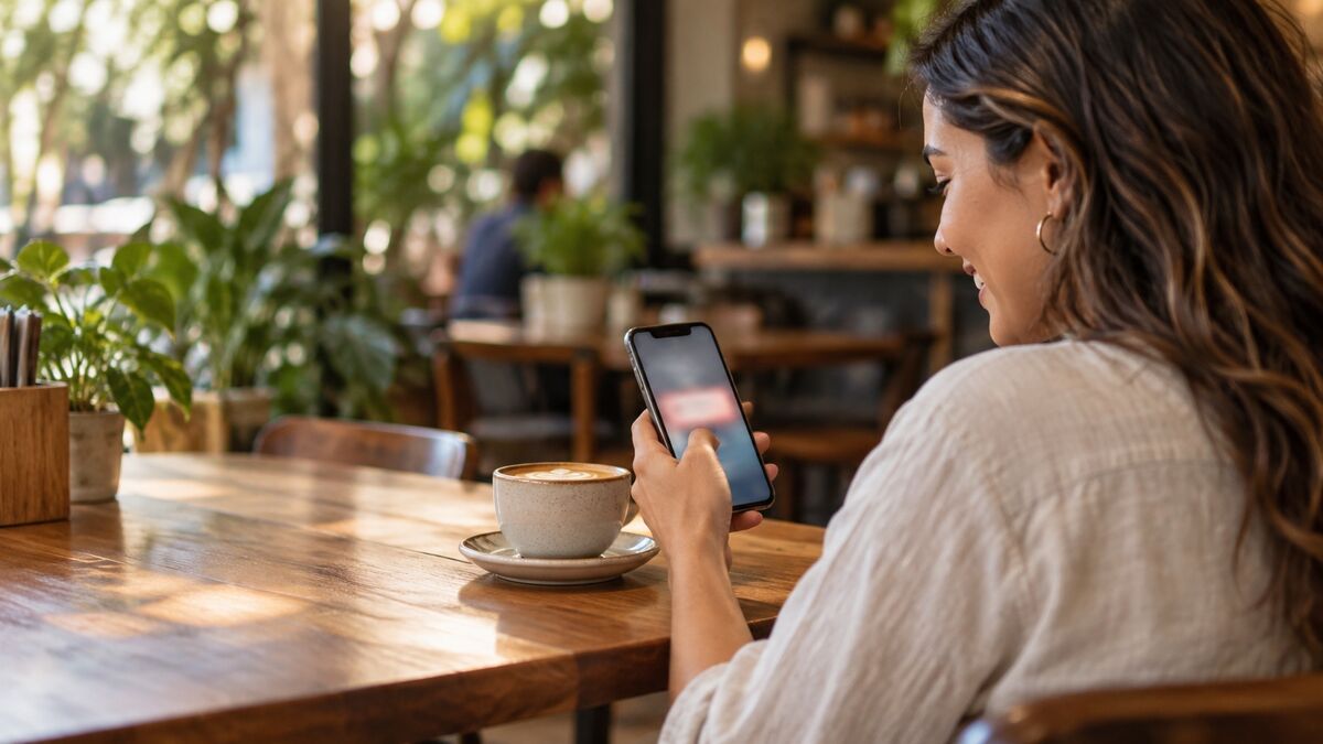 Clienta leyendo una notificación en su teléfono en un café