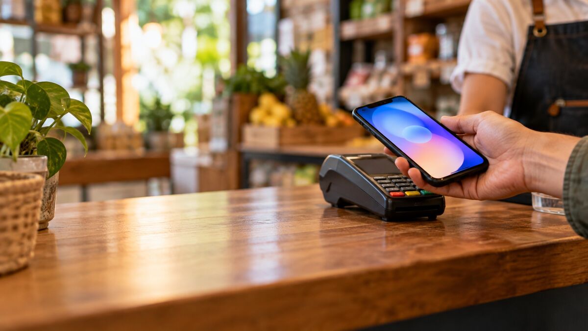 Pago con el teléfono en el mostrador de una tienda