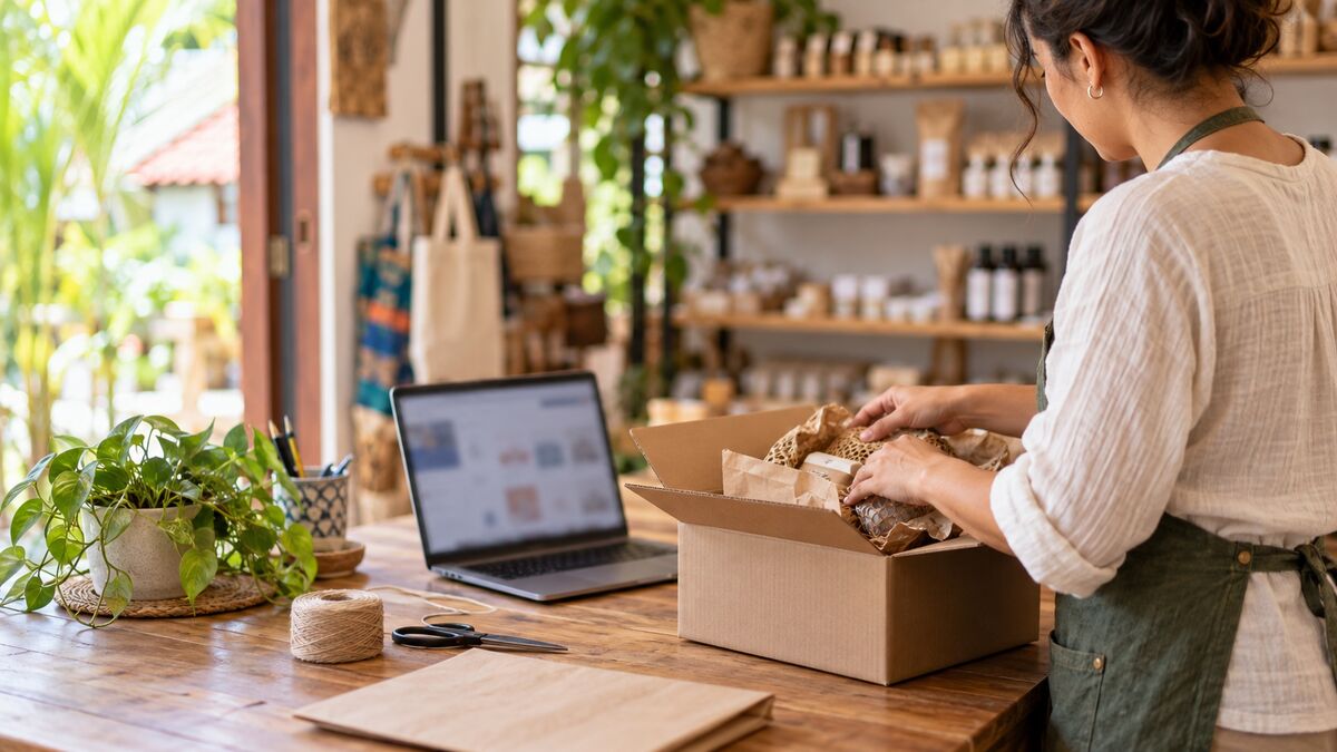 Comerciante empacando un pedido en línea junto a su laptop
