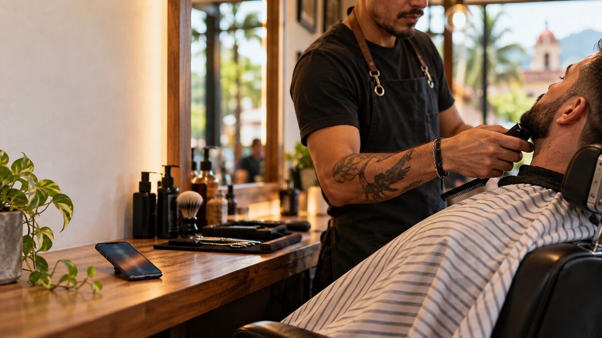 Barbero arreglando la barba de un cliente