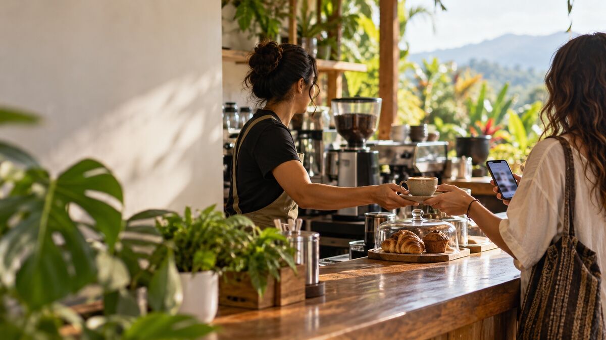 Barista entregando un café a una clienta
