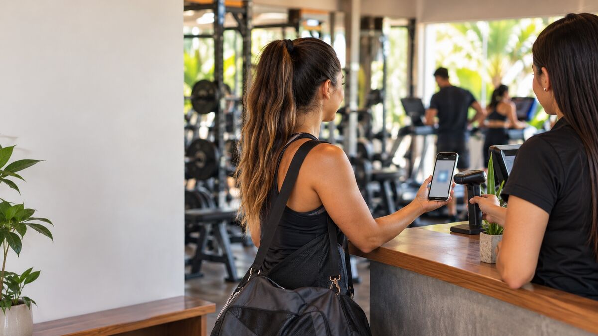 Socia mostrando su tarjeta en la recepción de un gimnasio